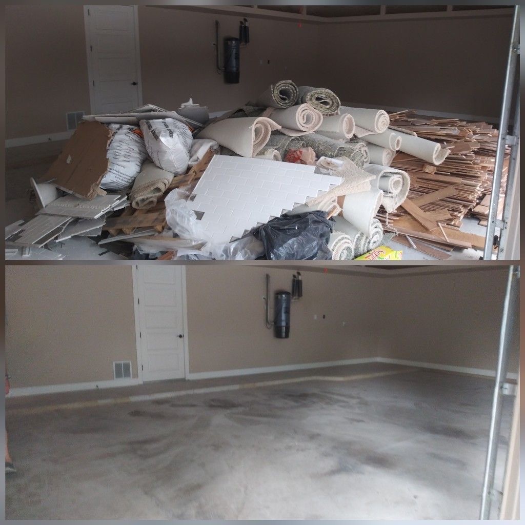Garage cleanout in Katy TX — carpet rolls and debris hauled away by Loyal Junk Removal