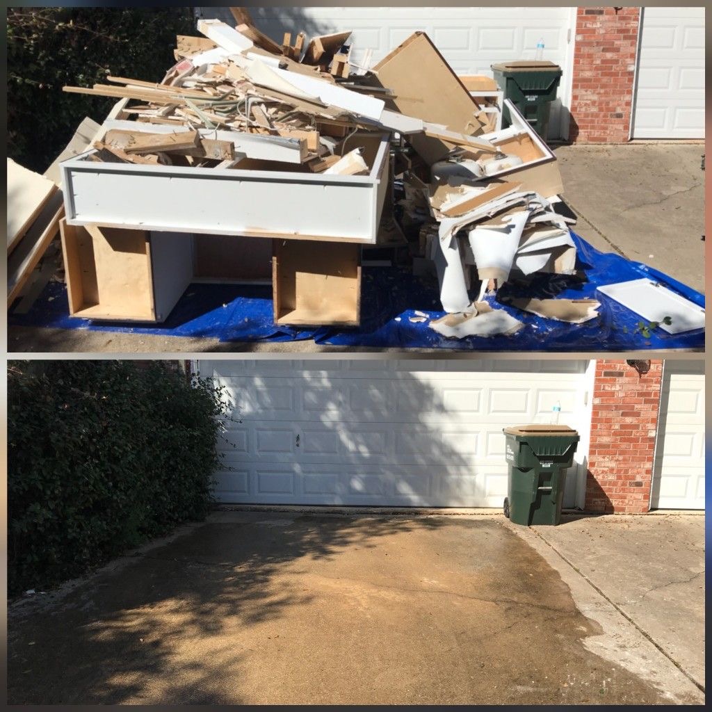 Construction debris removal in Katy TX — cabinets and remodel waste cleared