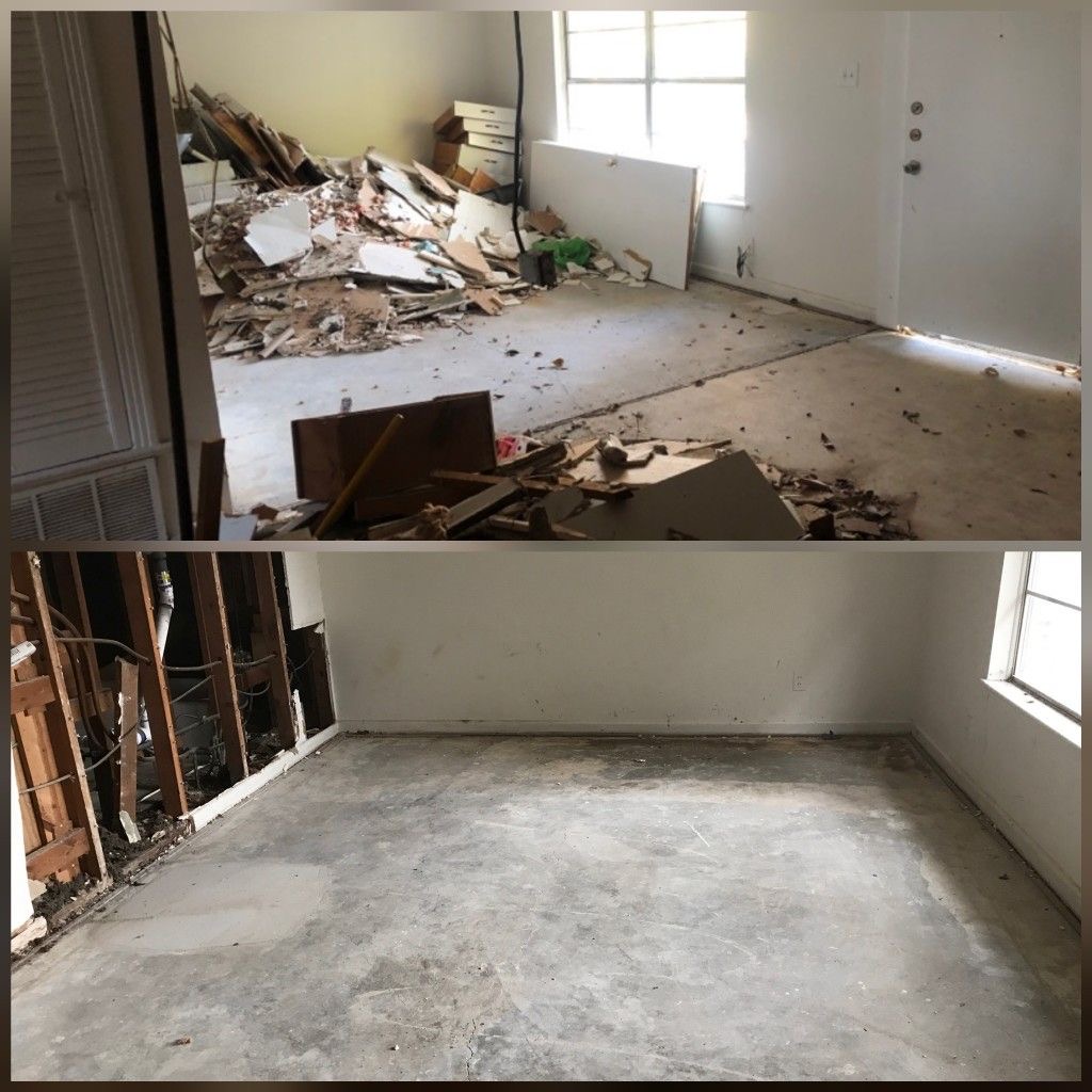 Property cleanout in Houston TX — interior demo debris removed