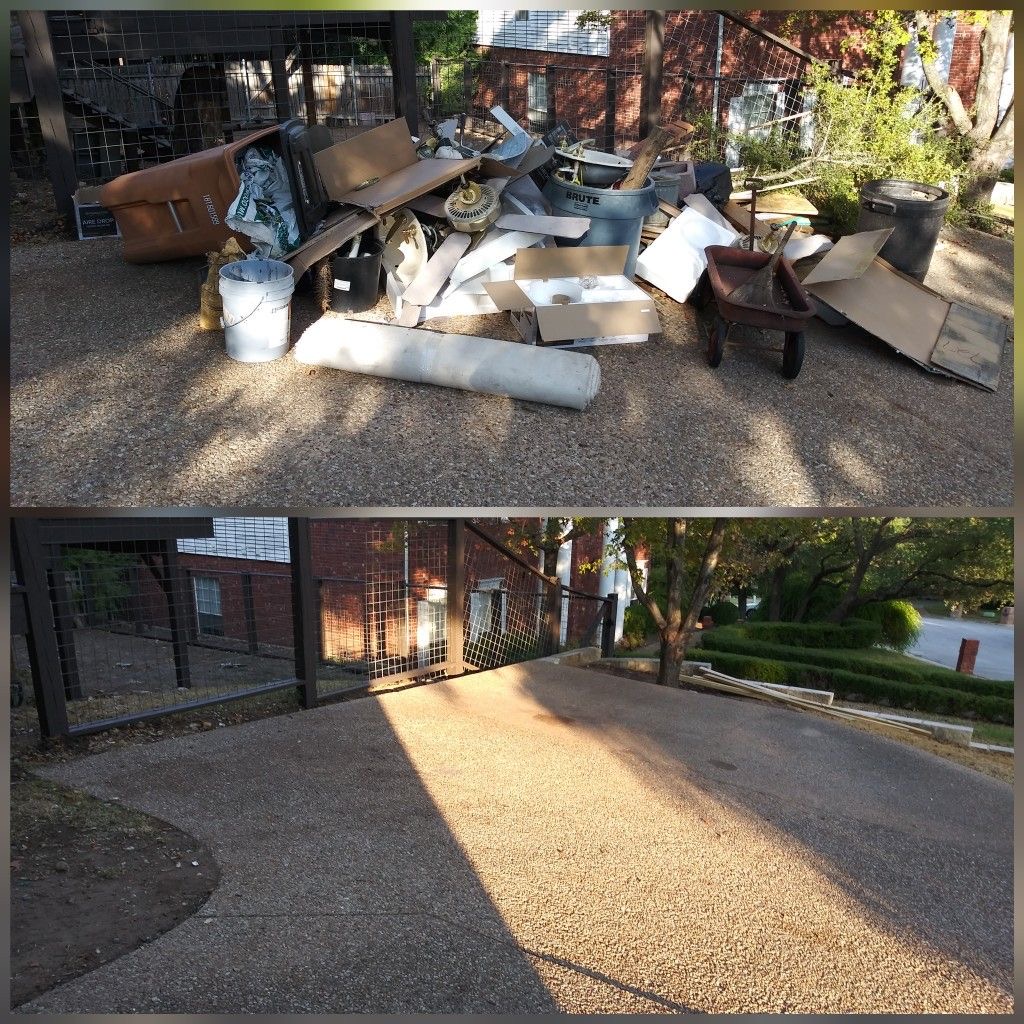 Yard waste removal in Katy TX — wood pile and old satellite dish hauled away